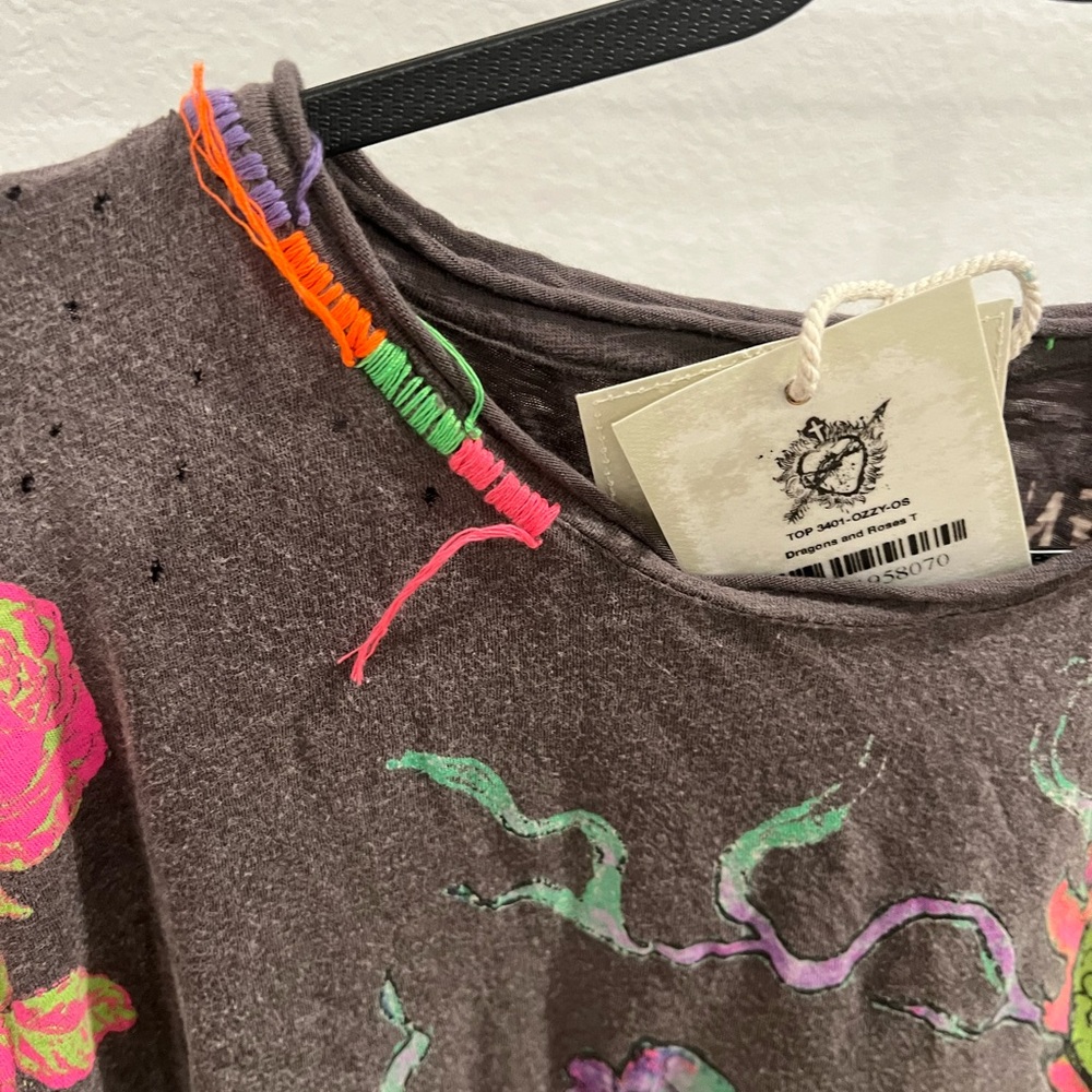 Magnolia Pearl Dragon Tee - Brown with Pink and Green ((item 15.13) - Picture 4 of 9